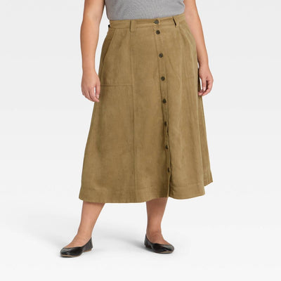 New - Women's Faux Suede Midi A-Line Skirt - Universal Thread™ Olive Green 26