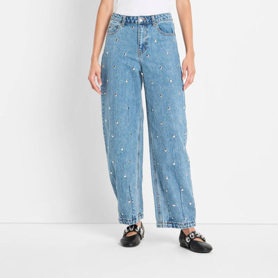 New - Women's Mid-Rise Studded Barrel Leg Jeans - Future Collective Blue Denim 10