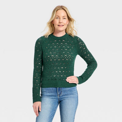 New - Women's Long Sleeve Lace Crewneck Pullover Sweater - Universal Thread™ Dark Green S