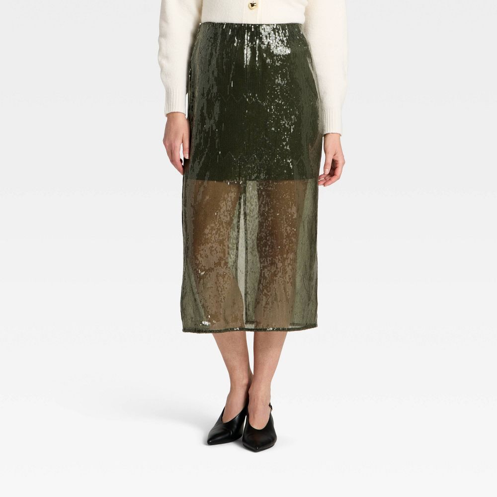 New - Women's Sequin Midi Skirt - A New Day™ Olive Green XS