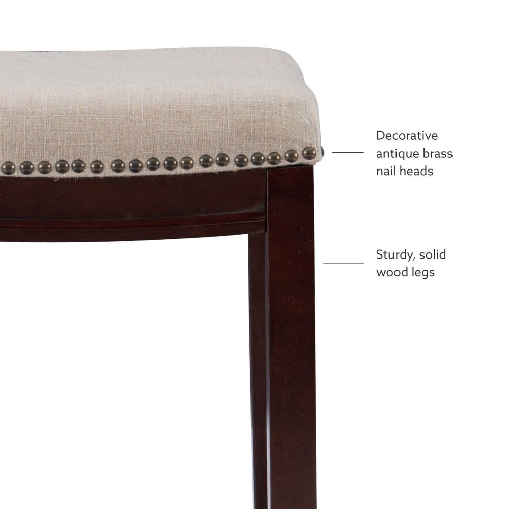 New - Claridge Backless Nailhead Saddle Counter Height Barstool Linen - Linon: Chic Beige, Rubberwood Frame