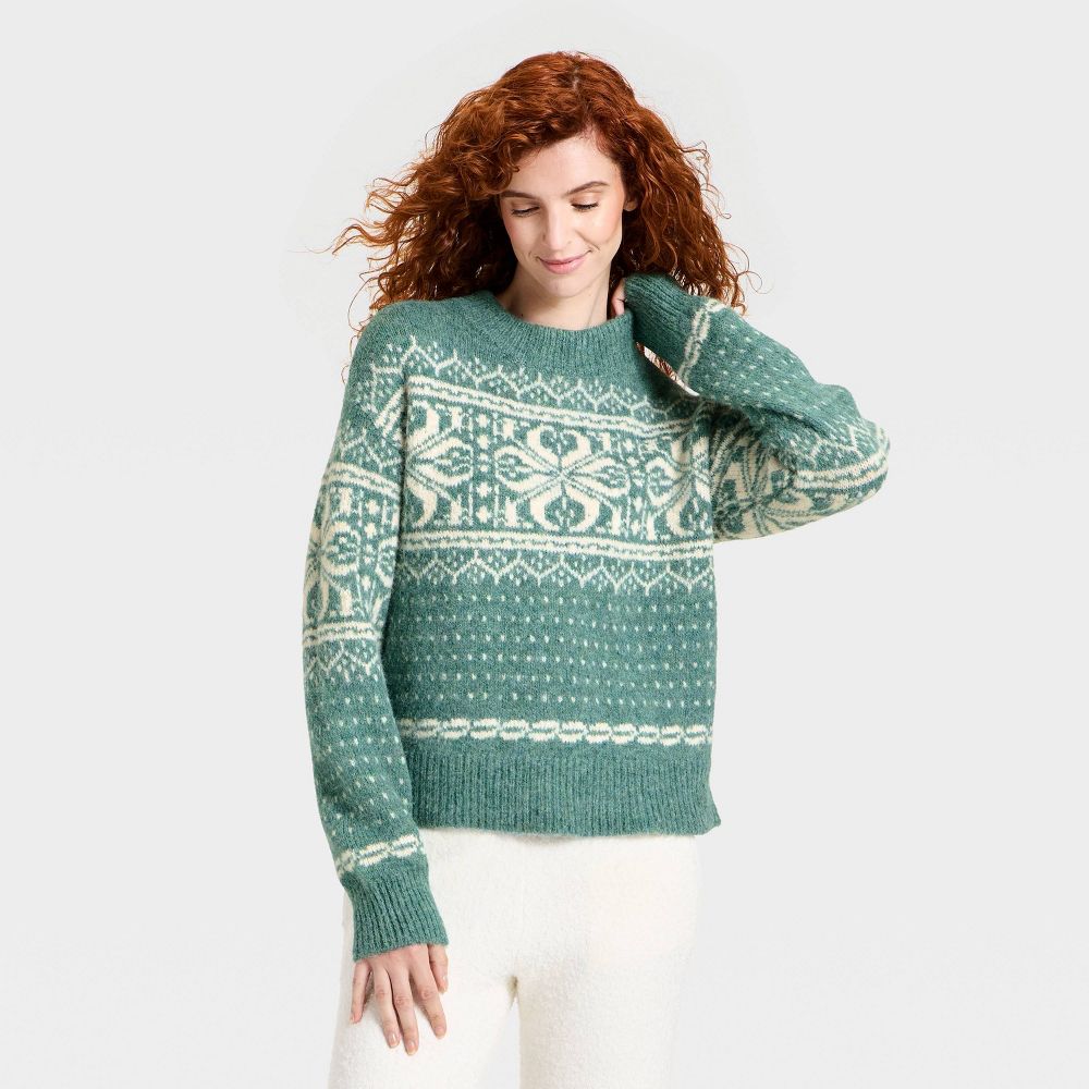 New - Women's Cozy Alpine Snowflake Crewneck Pullover Sweater - Universal Thread™ Green XS