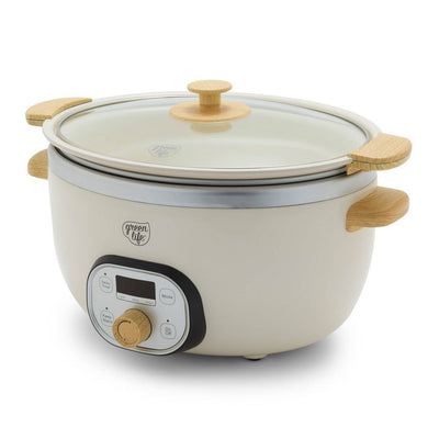 New - GreenLife Healthy 6qt Slow Cooker with Wood Handle Cream
