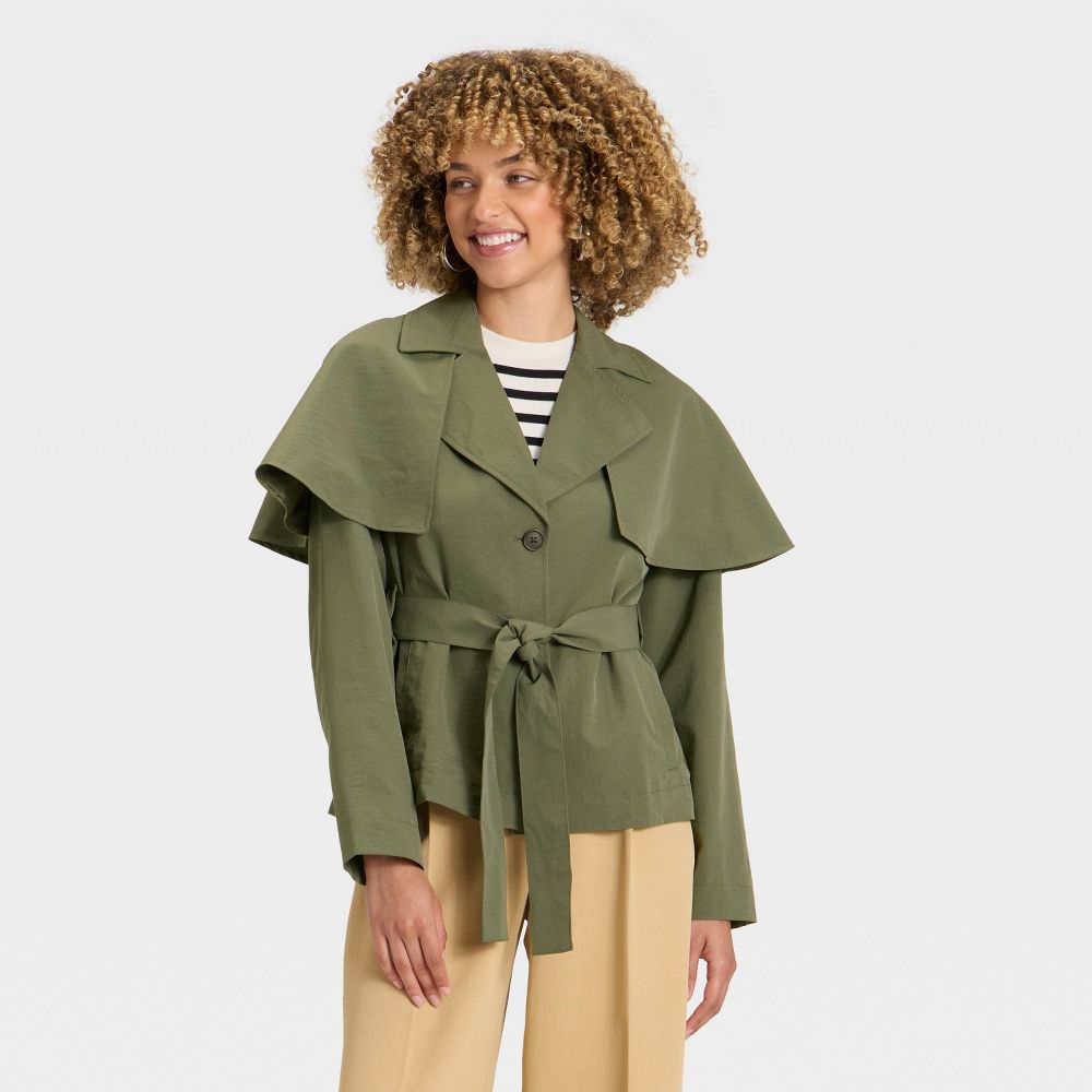 New - Women's Short Cape Trench - A New Day™ Olive S