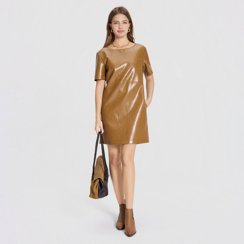 New - Women's Short Sleeve Faux Leather Mini Shift Dress - A New Day™ Caramel S