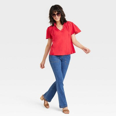 New - Women's Short Sleeve V-Neck Woven Eyelet Top - Knox Rose Knox RoseBullseye Deals