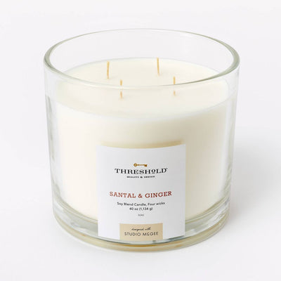 New - 40oz Clear Glass Santal & Ginger Candle White - Threshold™ designed with Studio McGee: Soy Blend, 4-Wick, 70hr Burn Time