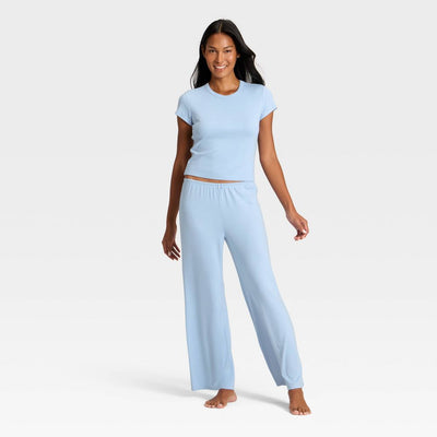 New - Women's Pointelle Short Sleeve Shirt and Pants Pajama Set - Auden™ Blue M