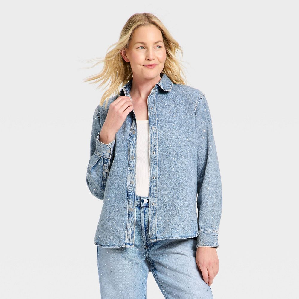 New - Women's Button-Down Rhinestone Denim Shirt - Universal Thread™ Light Wash L