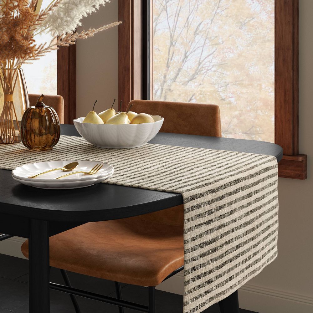 New - 90'x20" Striped Table Runner Khaki/Black - Threshold™
