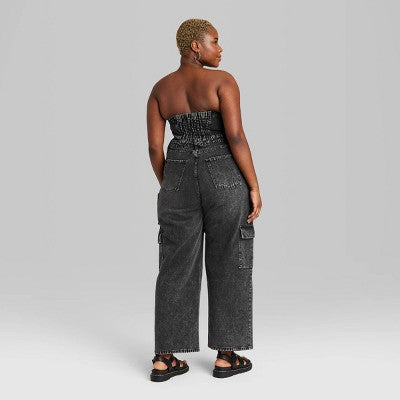 New - Wild Fable Women's Tube Cargo Denim Jumpsuit Bandeau Strapless Off-The-Shoulder Wild FableBullseye Deals