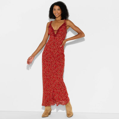 New - Women's Lace Trim Maxi Empire Waist Dress - Wild Fable™ Assorted Reds Floral XL