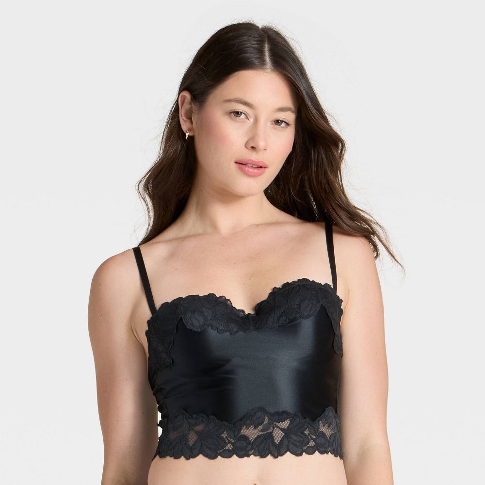 New - Women's Satin & Lace Lightly Lined Cami Bra - Auden™ Black M