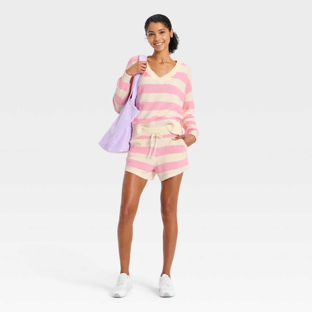 New - Women's Striped V-Neck Sweater Top - JoyLab™ Light Pink/Cream Stripe XXS