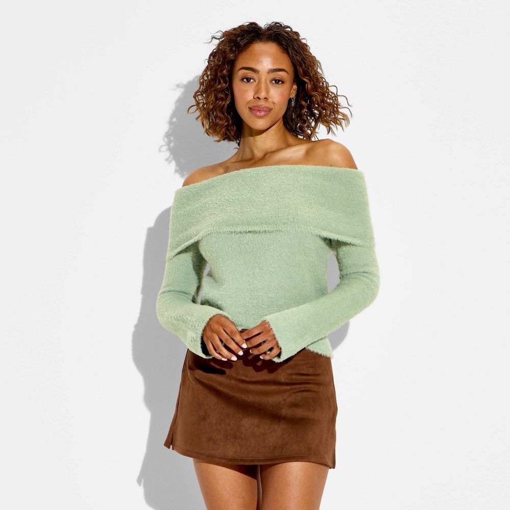 New - Women's Off the Shoulder Pullover Sweater - Wild Fable™ Sage Green XXS