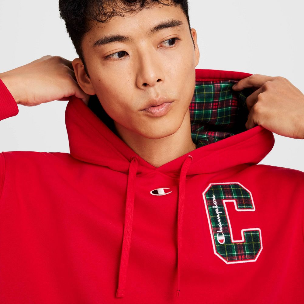 New - Champion Men's Plaid Hooded Sweatshirt - Red M