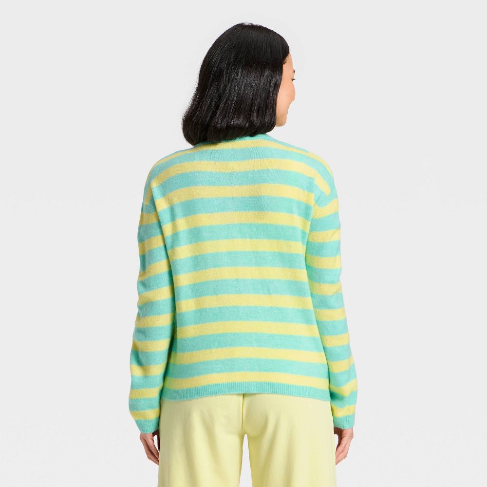 New - Women's Button-Up Cardigan Sweater - JoyLab™ Aqua Blue/Yellow Stripe M