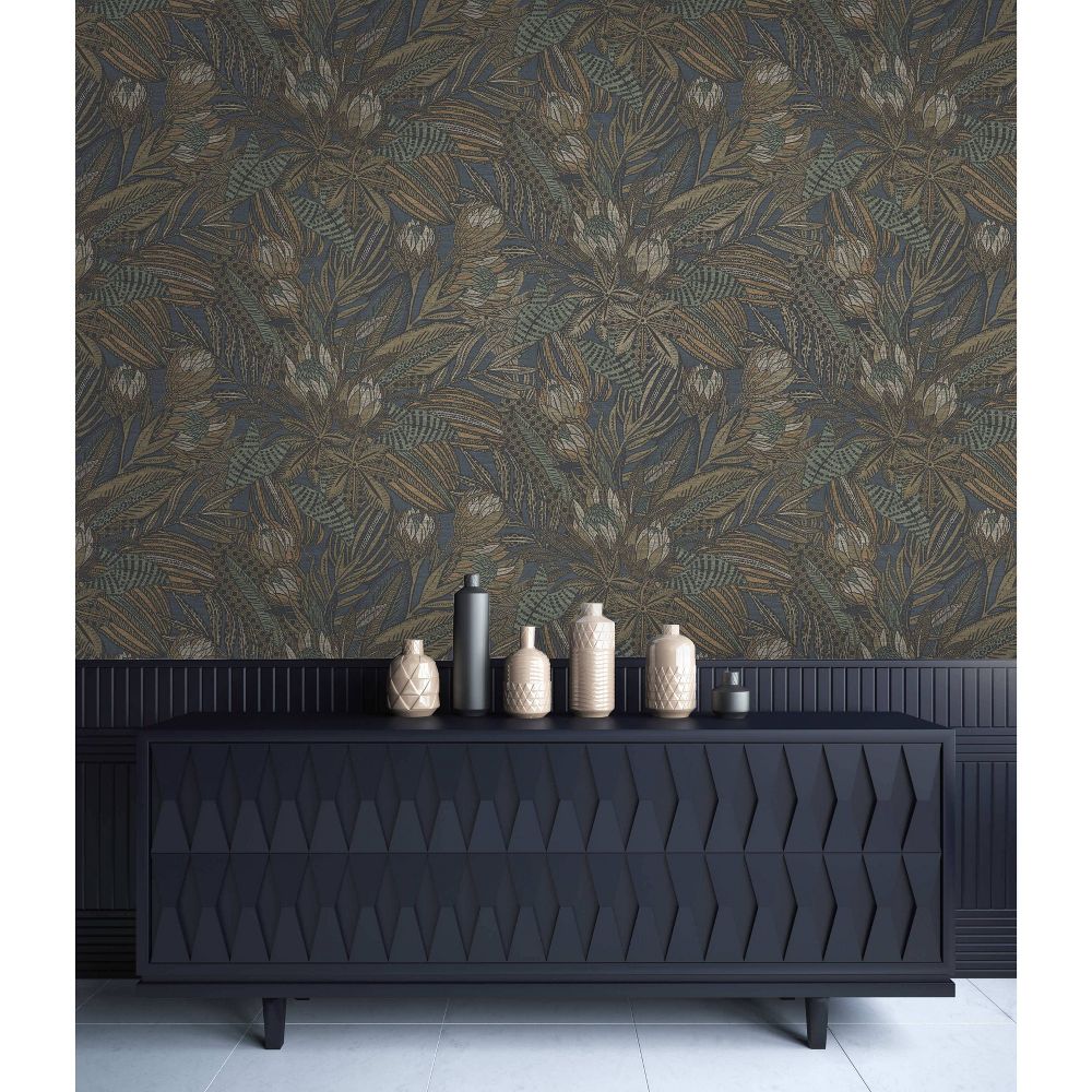 New - Holden Susara Tropical Navy Eco-Foam Wallpaper: Non-Pasted, Bohemian Floral, Strippable, Washable, Textured, 56 Sq Ft Coverage
