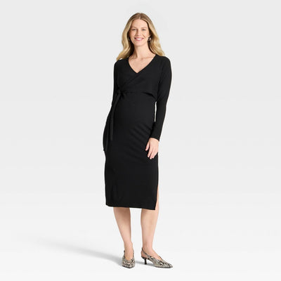 Open Box - Long Sleeve Wrap Midi Maternity Sweater Dress - Isabel Maternity by Ingrid & Isabel™ Black M