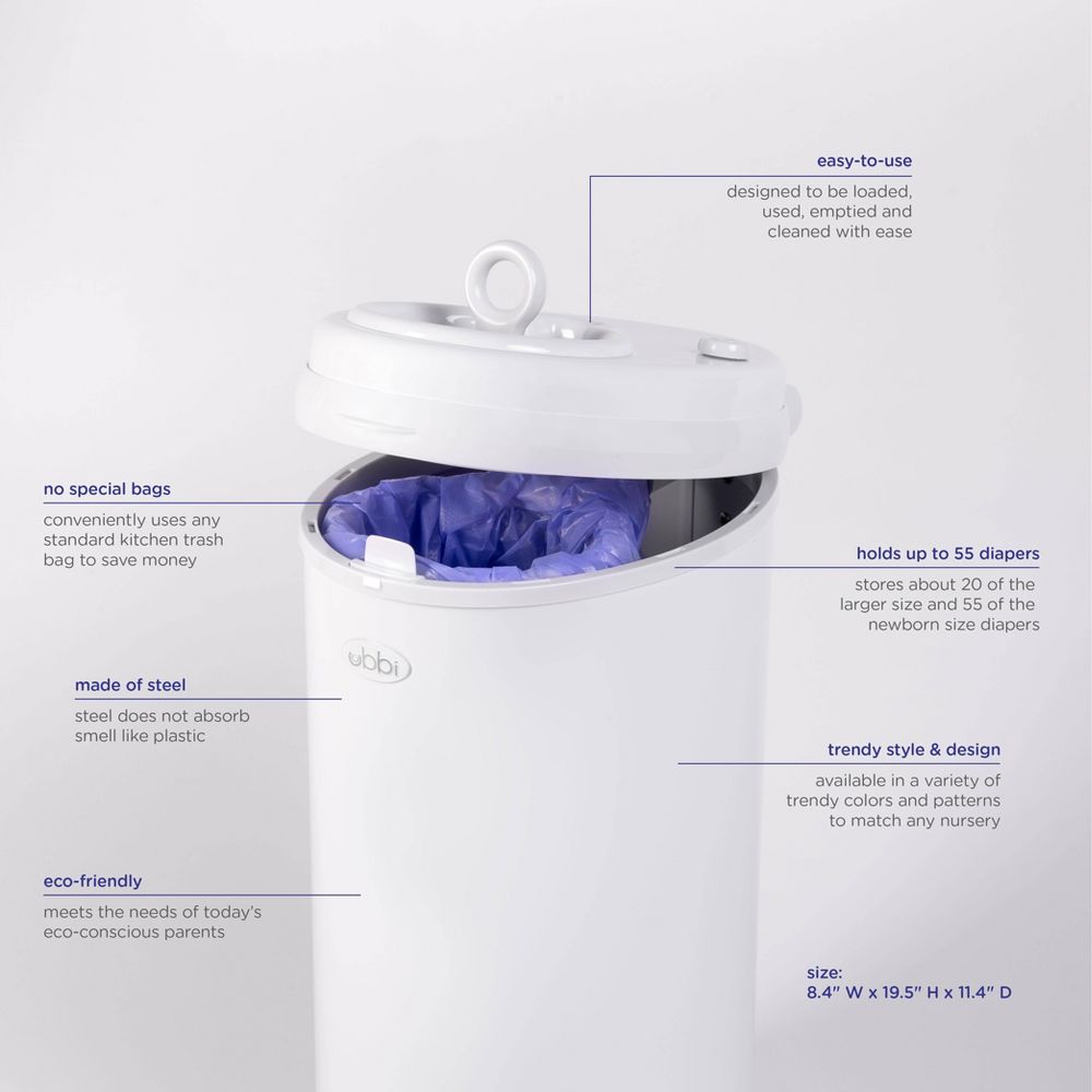 New - Ubbi Stainless Steel Diaper Pail - White