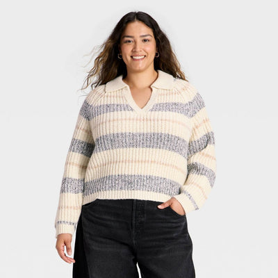New - Women's Chunky Polo Collar Pullover Sweater - Universal Thread™ White/Navy Striped 4x