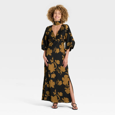 Open Box - Women's Tie Neck Maxi Dress - A New Day™ Black/Brown Floral XS