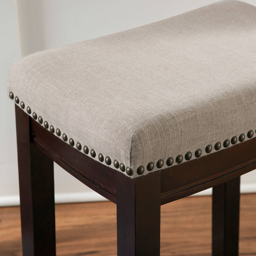 New - Claridge Backless Nailhead Saddle Counter Height Barstool Linen - Linon: Chic Beige, Rubberwood Frame