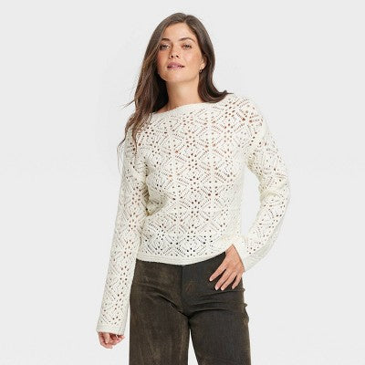 New - Women's Boat Neck Openwork Pullover Sweater - Universal Thread Universal ThreadBullseye Deals