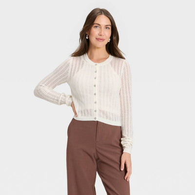 New - Women's Pointelle Cardigan - A New Day™ Cream M