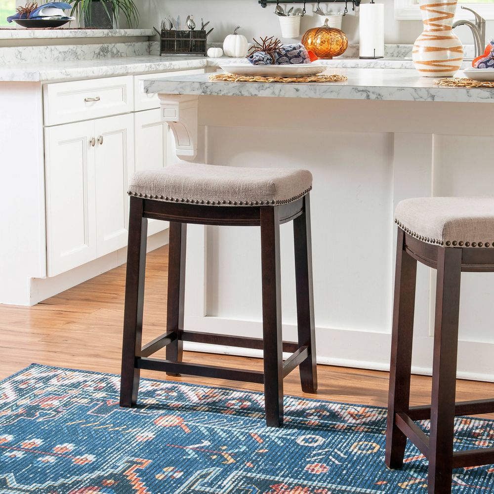 New - Claridge Backless Nailhead Saddle Counter Height Barstool Linen - Linon: Chic Beige, Rubberwood Frame