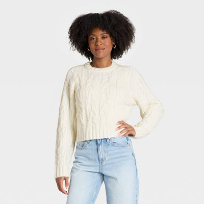 New - Women's Cozy Cable Crewneck Pullover Sweater - Universal Thread™ Cream XL