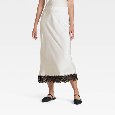 New - Women's Lace Trim Midi Skirt - A New Day™ Cream XL
