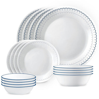 New - Corelle 16pc Vitrelle Caspian Lace Dinnerware Set: Abstract Pattern, Service for 4, Includes Plates & Bowls, Dishwasher-Safe