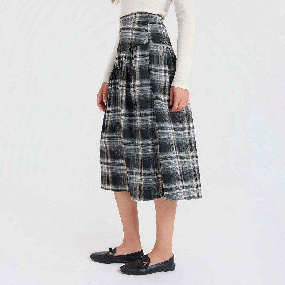 New - Women's Corduroy Dropped Waist Full Skirt - Universal Thread™ Black Plaid S
