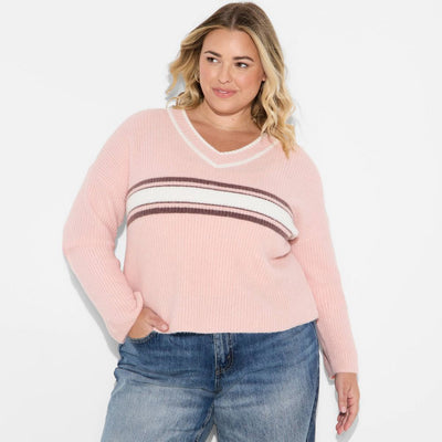 New - Women's V-Neck Pullover Sweater - Wild Fable™ Light Pink Rugby Striped XXL
