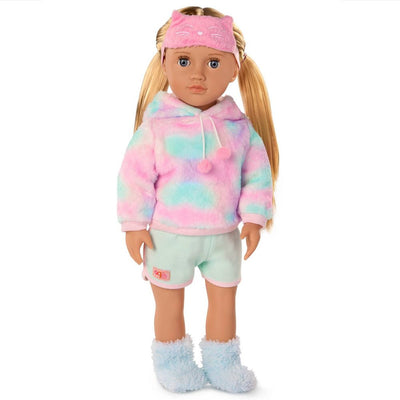 New - Our Generation Mandy 18" Doll in Pink and Colorful Hooded Pajama with Cat Ears