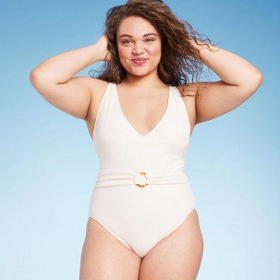 New - Shade & Shore Women's V-Neck One Piece Swimsuit Belted Swimwear Shade & ShoreBullseye Deals