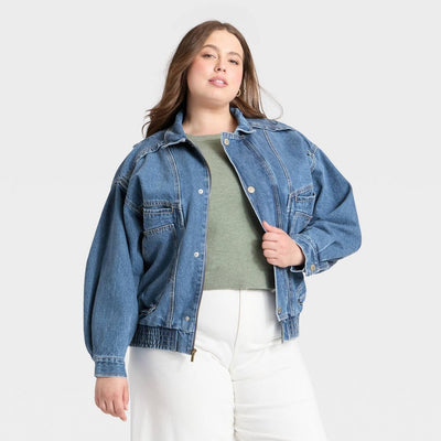 New - Women's Relaxed Bomber Denim Jacket - Universal Thread™ Medium Wash XXL