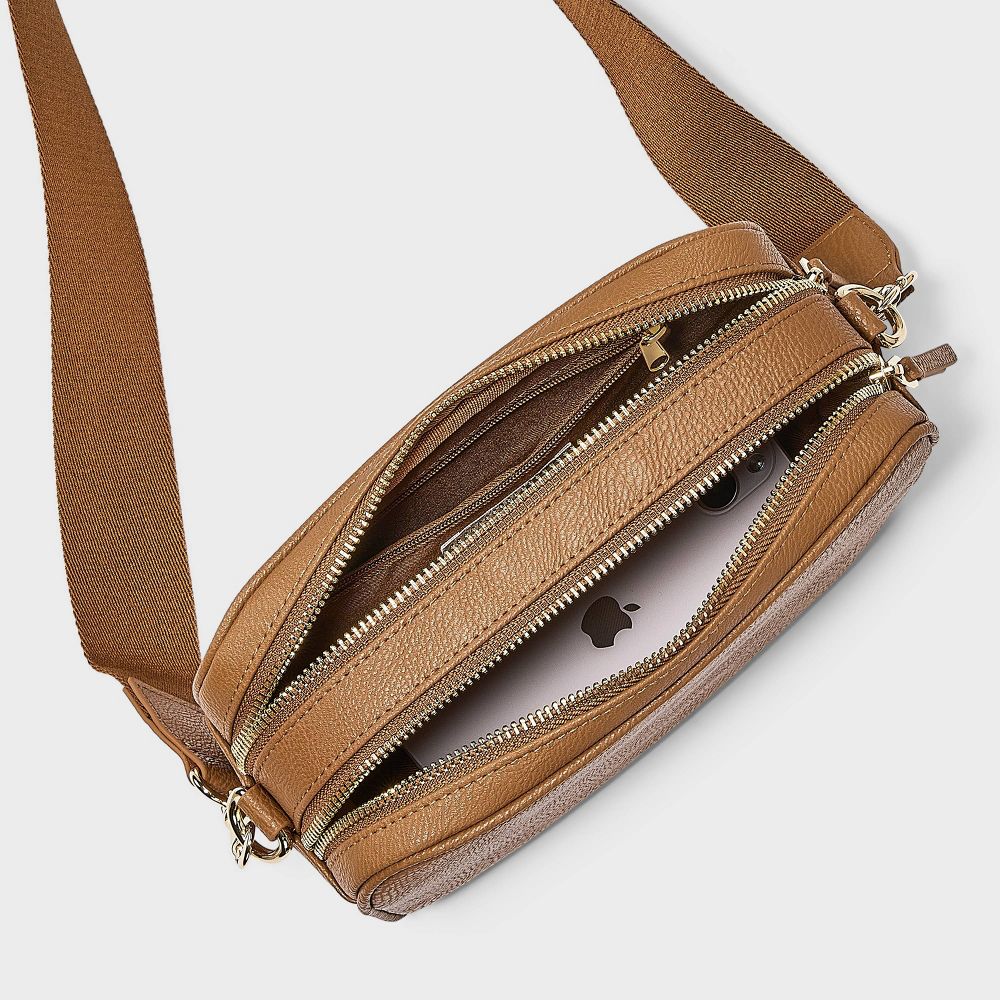 New - Double Zip Camera Crossbody Handbag - Universal Thread™ Brown