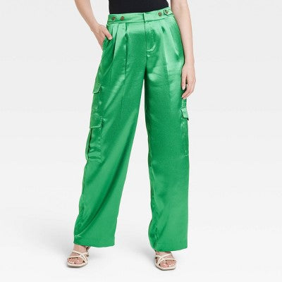 New - A New Day Women's Straight Relaxed High Rise Satin Cargo Pants Glossy A New DayBullseye Deals