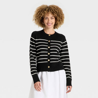 New - Women's Lady Jacket Cardigan - A New Day™ Black/White Striped XS