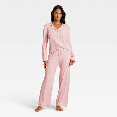 New - Women's Cloud Knit Modal Long Sleeve Notch Collar Top and Pants Pajama Set - Auden™ Red & White Stripe XXL