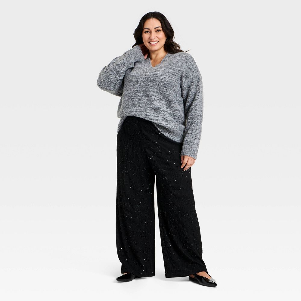 New - Women's High-Rise Sparkle Wide Leg Pull-On Pants - Ava & Viv™ Black 2X