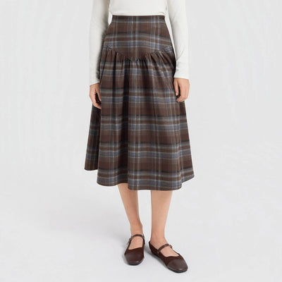 New - Women's Corduroy Dropped Waist Full Skirt - Universal Thread™ Brown Plaid XS