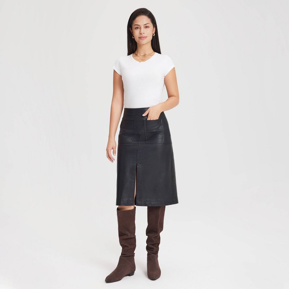 New - Women's Faux Leather Midi A-Line Skirt - Universal Thread™ Black 6
