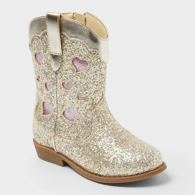 New - Toddler Dallas Glitter Western Boots - Cat & Jack™ Gold 5T: Medium Width, Zipper Closure, Flexible Outsole, Round Toe