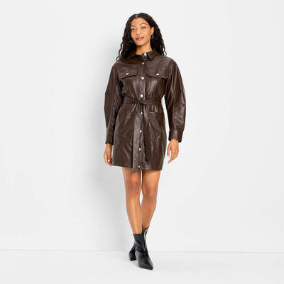 New - Women's Long Sleeve Faux Leather Mini Shirtdress - Future Collective Brown XL