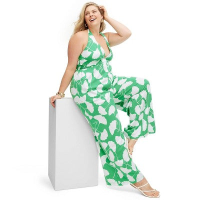 New - Diane von Furstenberg Women's Halter Jumpsuit Deep V-Neck, Ginkgo Green Diane von Furstenberg for TargetBullseye Deals