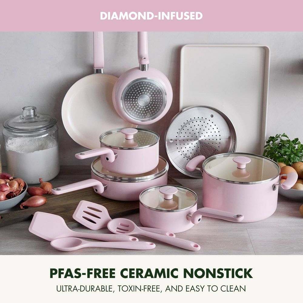 New - GreenPan Rio Advanced 16pc Ceramic Nonstick Cookware Set Pink