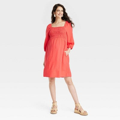 New - Isabel Maternity Women's Linen Midi Maternity Dress Puff Elbow Sleeve Isabel Maternity by Ingrid & IsabelBullseye Deals